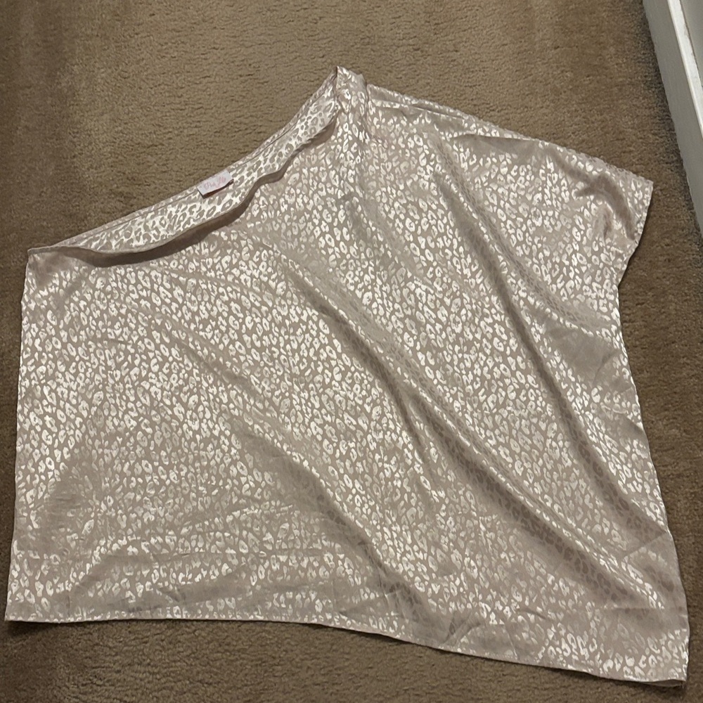 Pink Lily Shimmery Light Taupe Animal Print One Shoulder Top